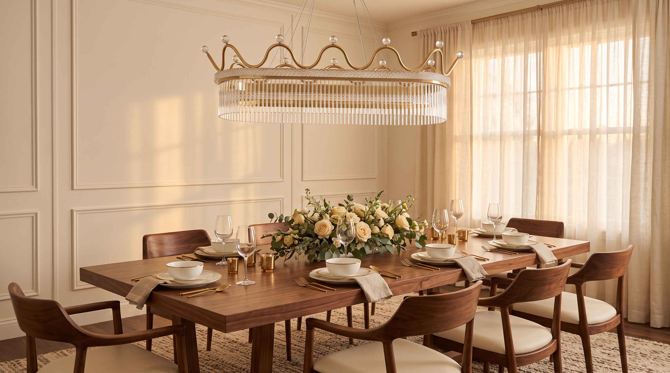 Oval crystal crown chandelier over an elegant dining table