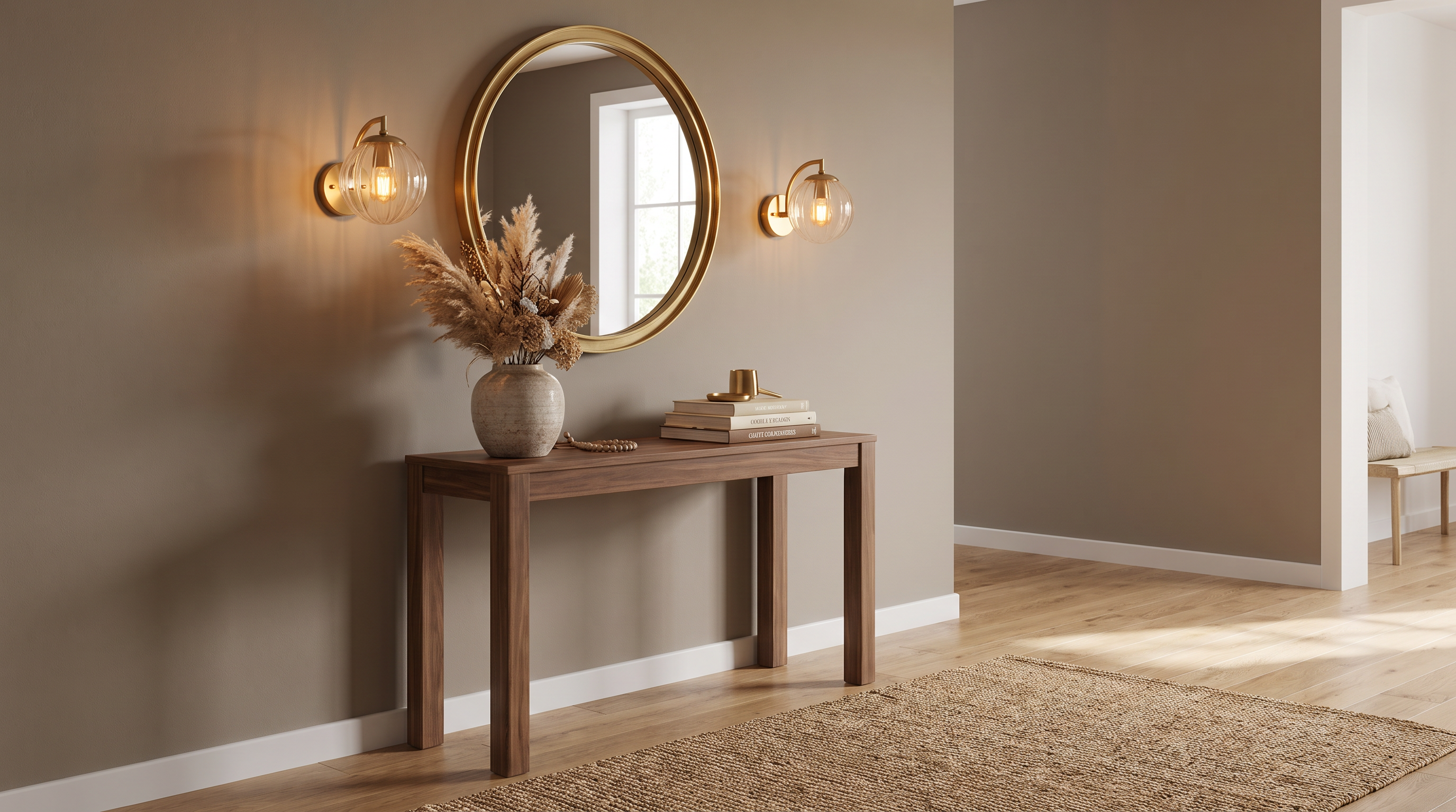 Curved arm glass ball wall sconces in a modern entryway