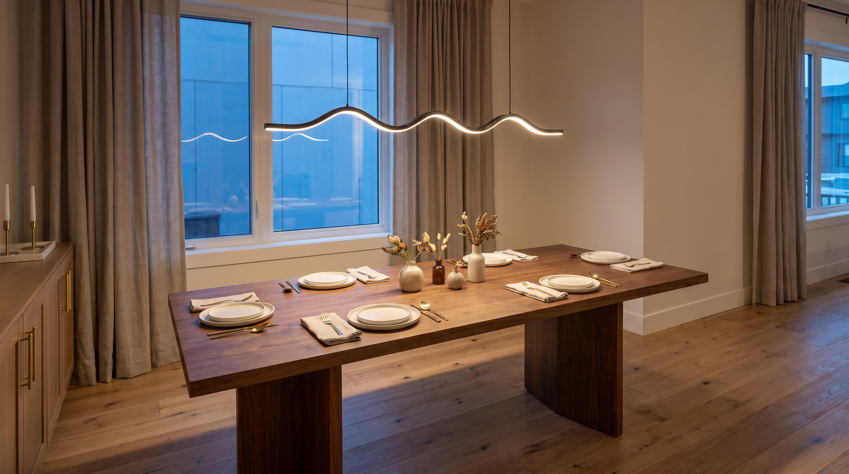 Black wave linear LED pendant light over a modern dining table