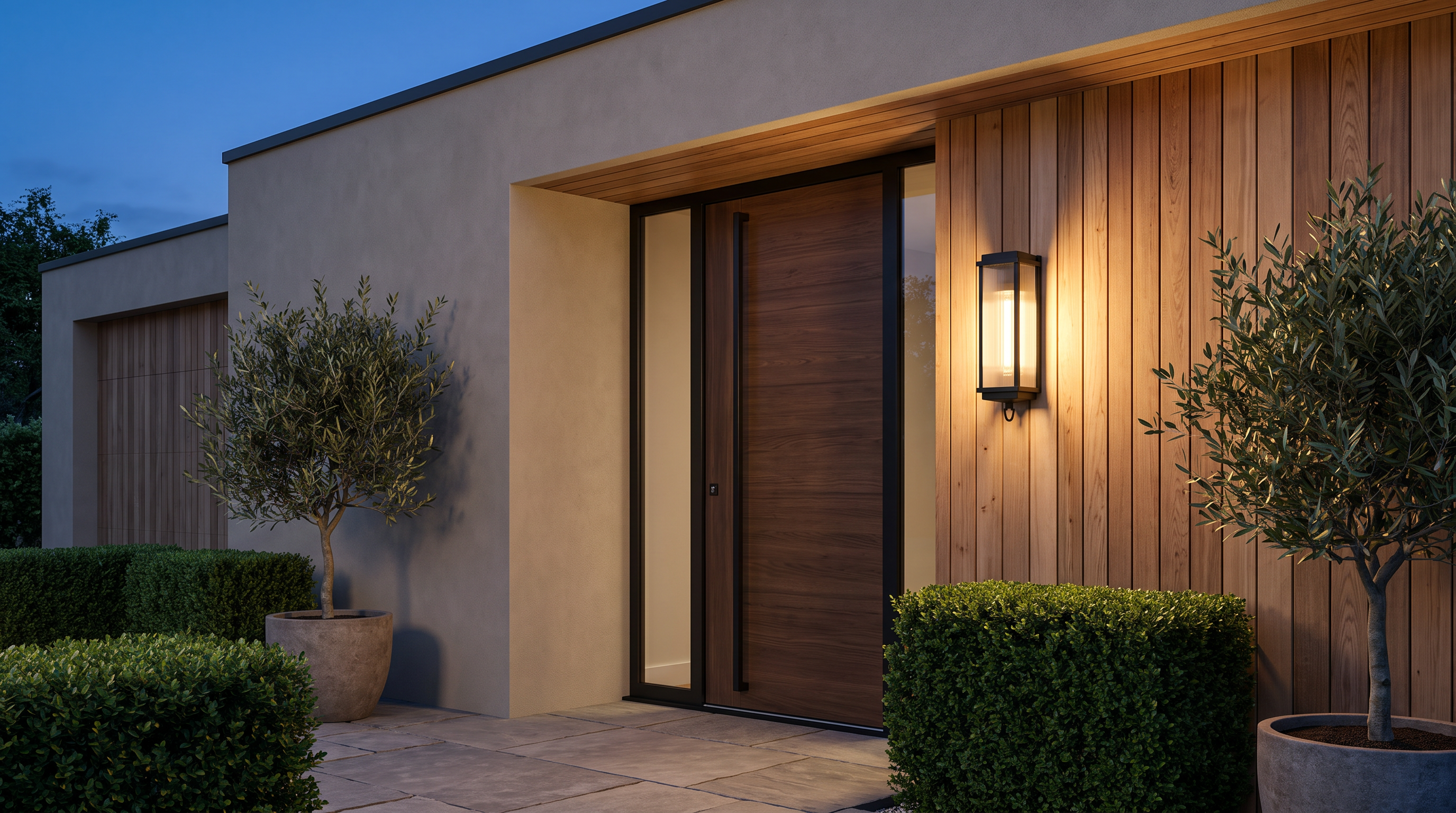 Outdoor wall lantern sconce beside a modern front door at dusk