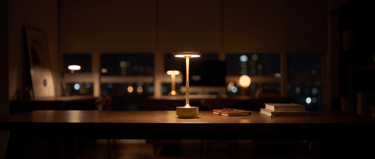 Hensley Table Lamps collection - gold cordless table lamp glowing on a walnut desk in a dark home office at night