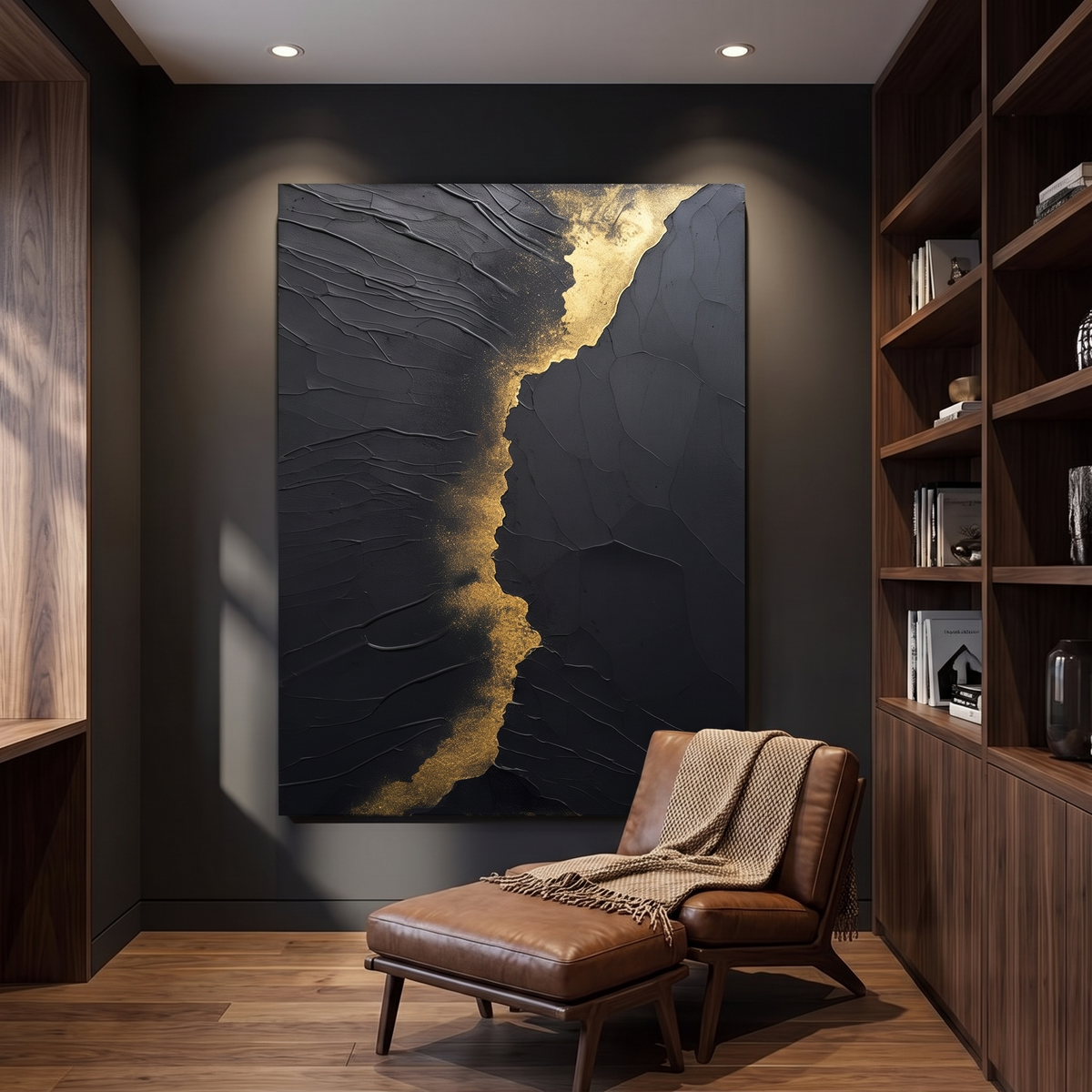 Obsidian Beach Canvas Wall Art lit in a modern study