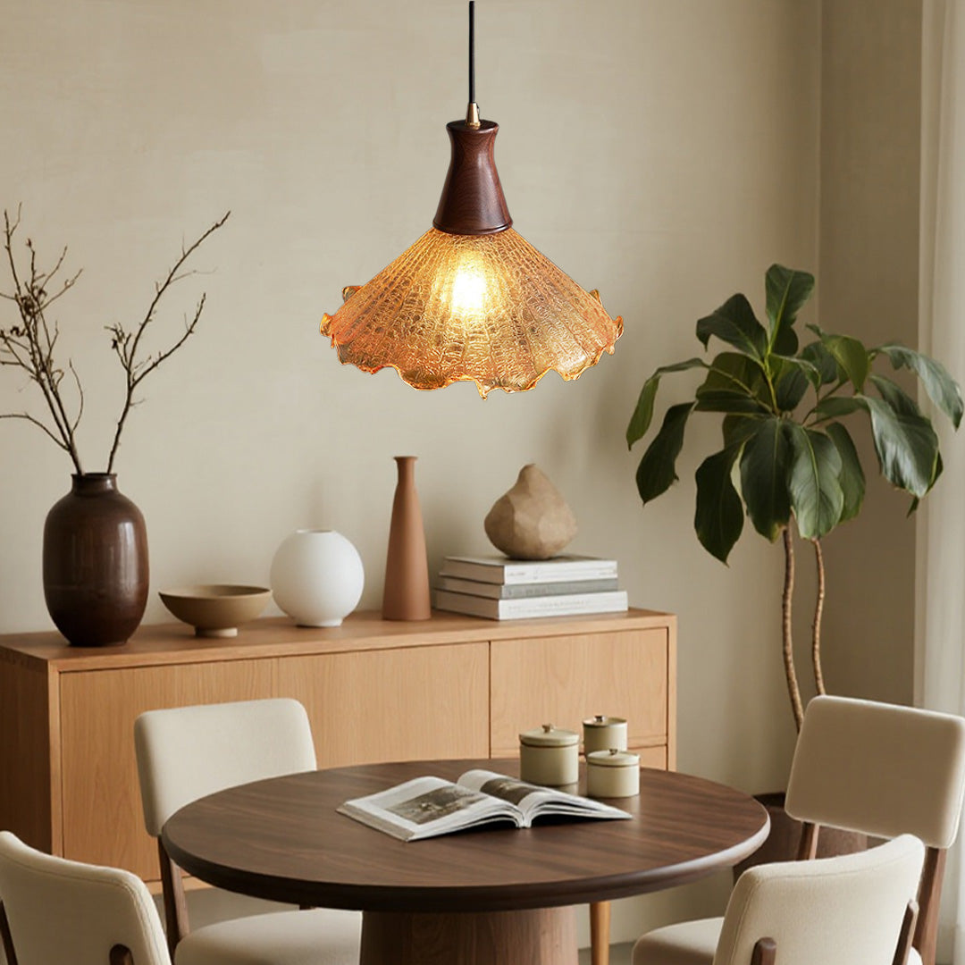 Cracked Glass Pendant Light, Brass & Walnut