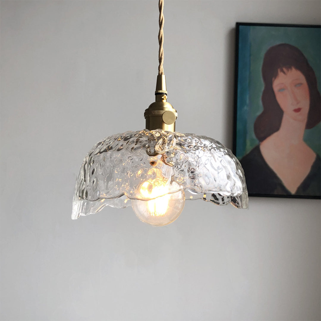 Hammered Glass Pendant Light, Green & Brass