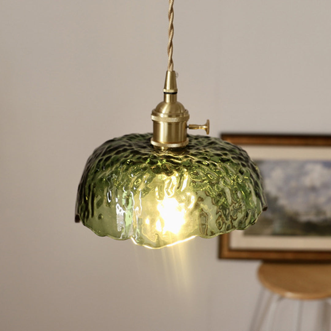 Hammered Glass Pendant Light, Green & Brass
