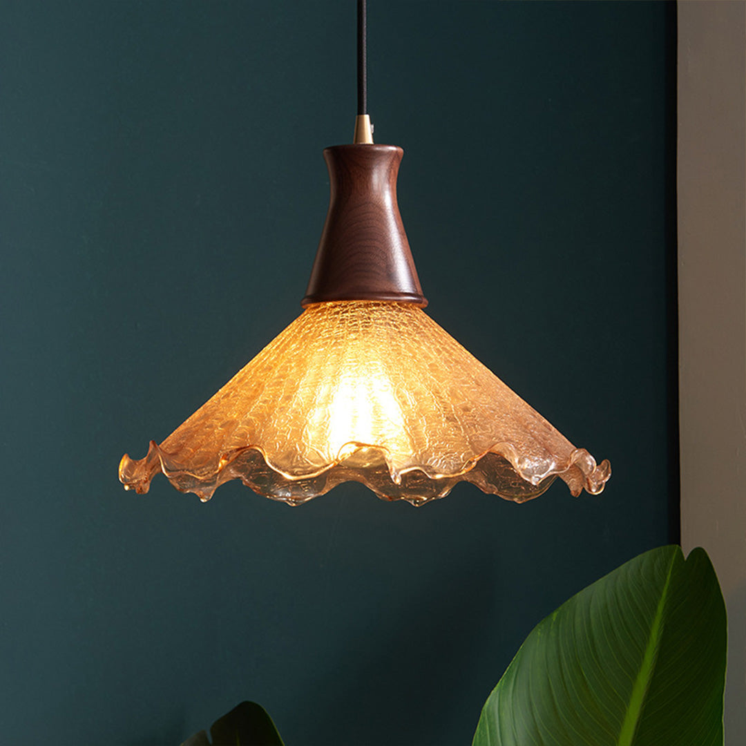 Cracked Glass Pendant Light, Brass & Walnut