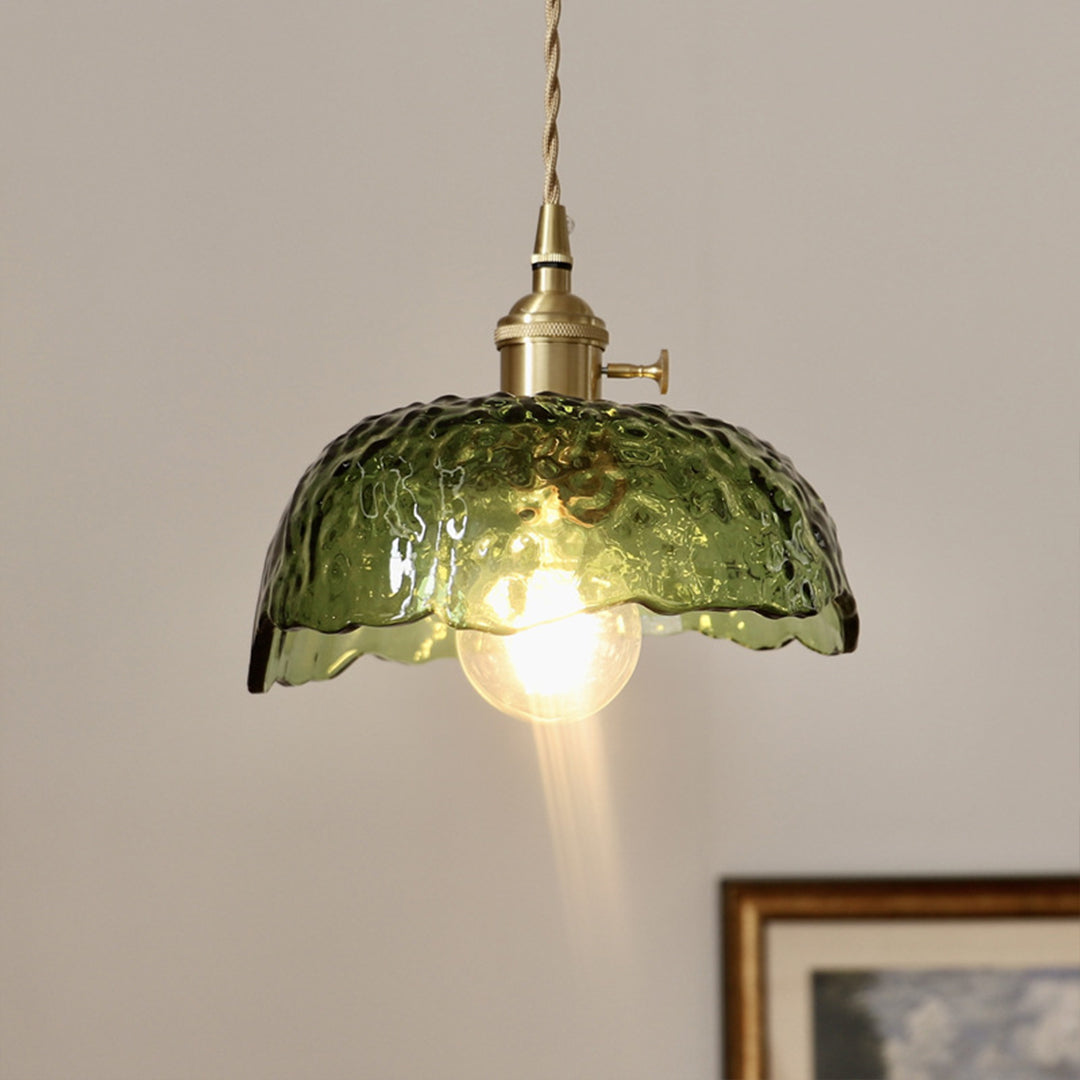Hammered Glass Pendant Light, Green & Brass