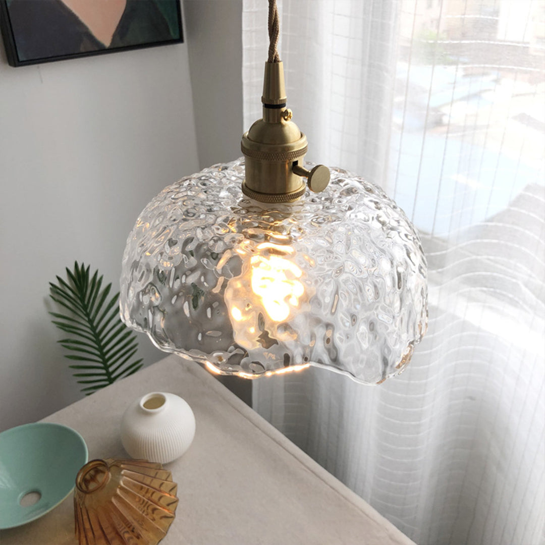 Hammered Glass Pendant Light, Green & Brass
