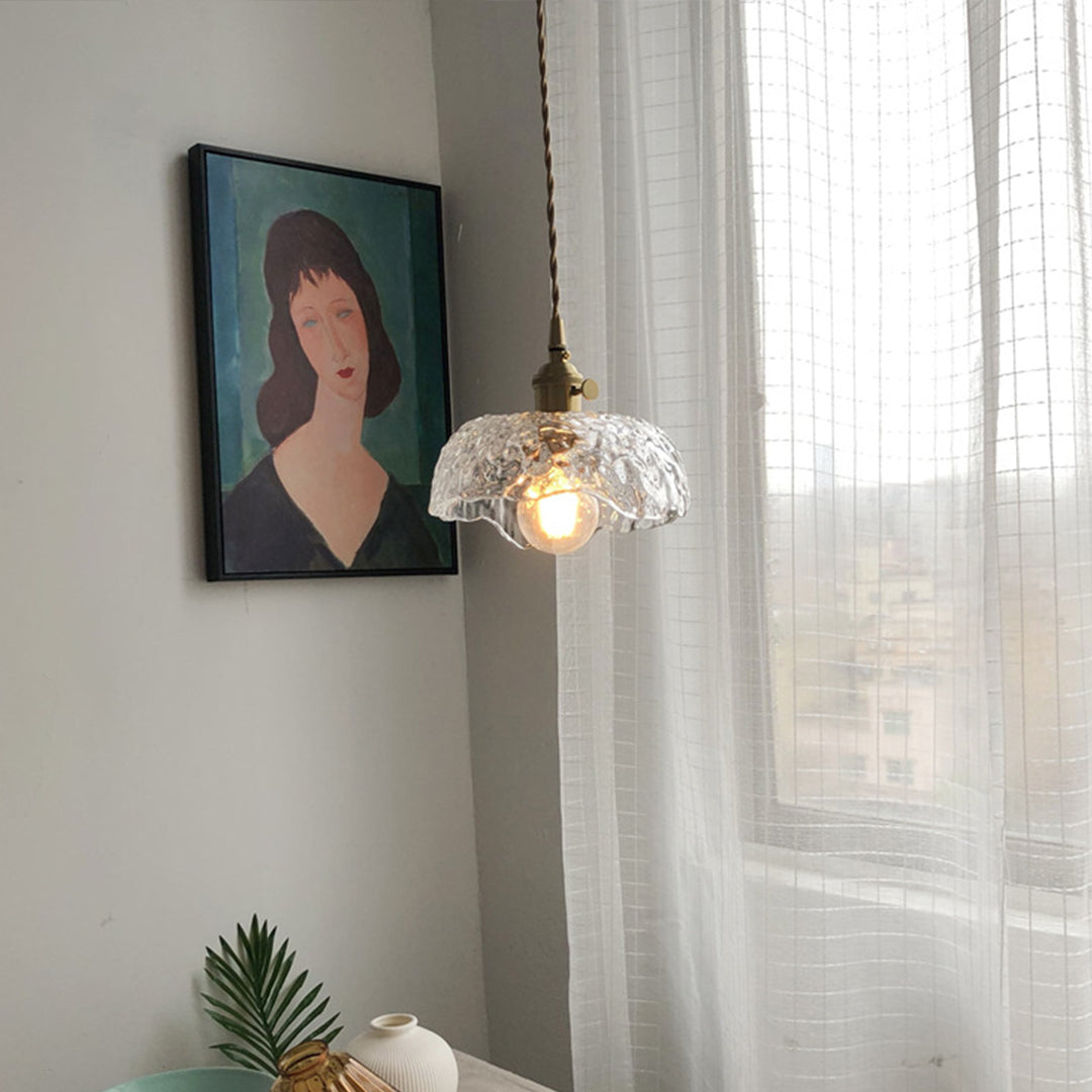 Hammered Glass Pendant Light, Green & Brass