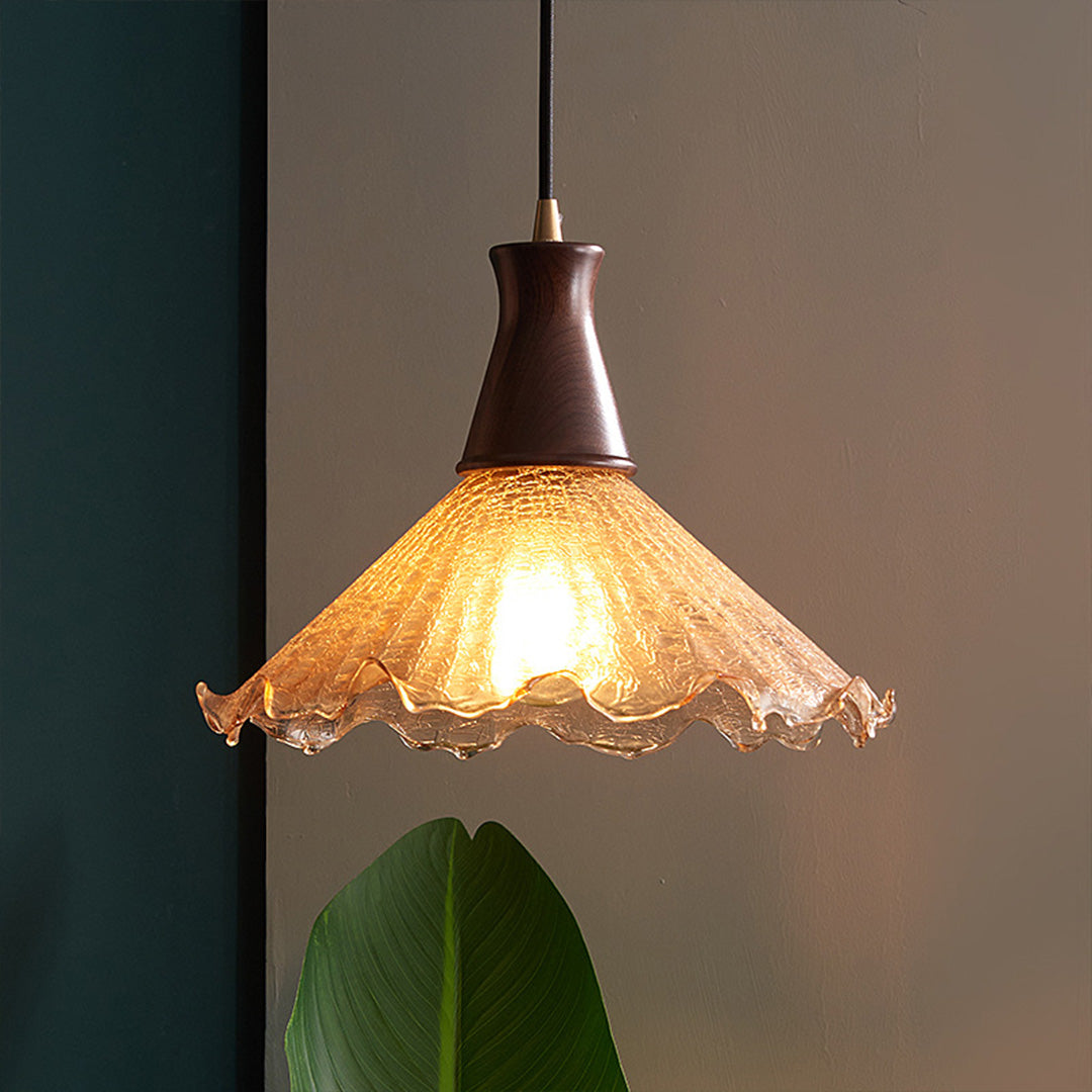 Cracked Glass Pendant Light, Brass & Walnut