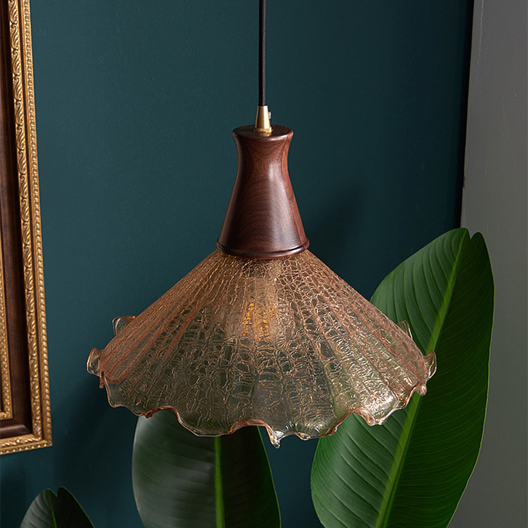 Cracked Glass Pendant Light, Brass & Walnut