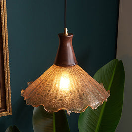 Cracked Glass Pendant Light, Brass & Walnut