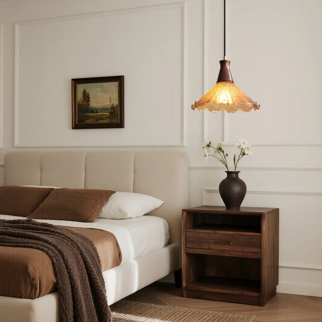 Cracked Glass Pendant Light, Brass & Walnut