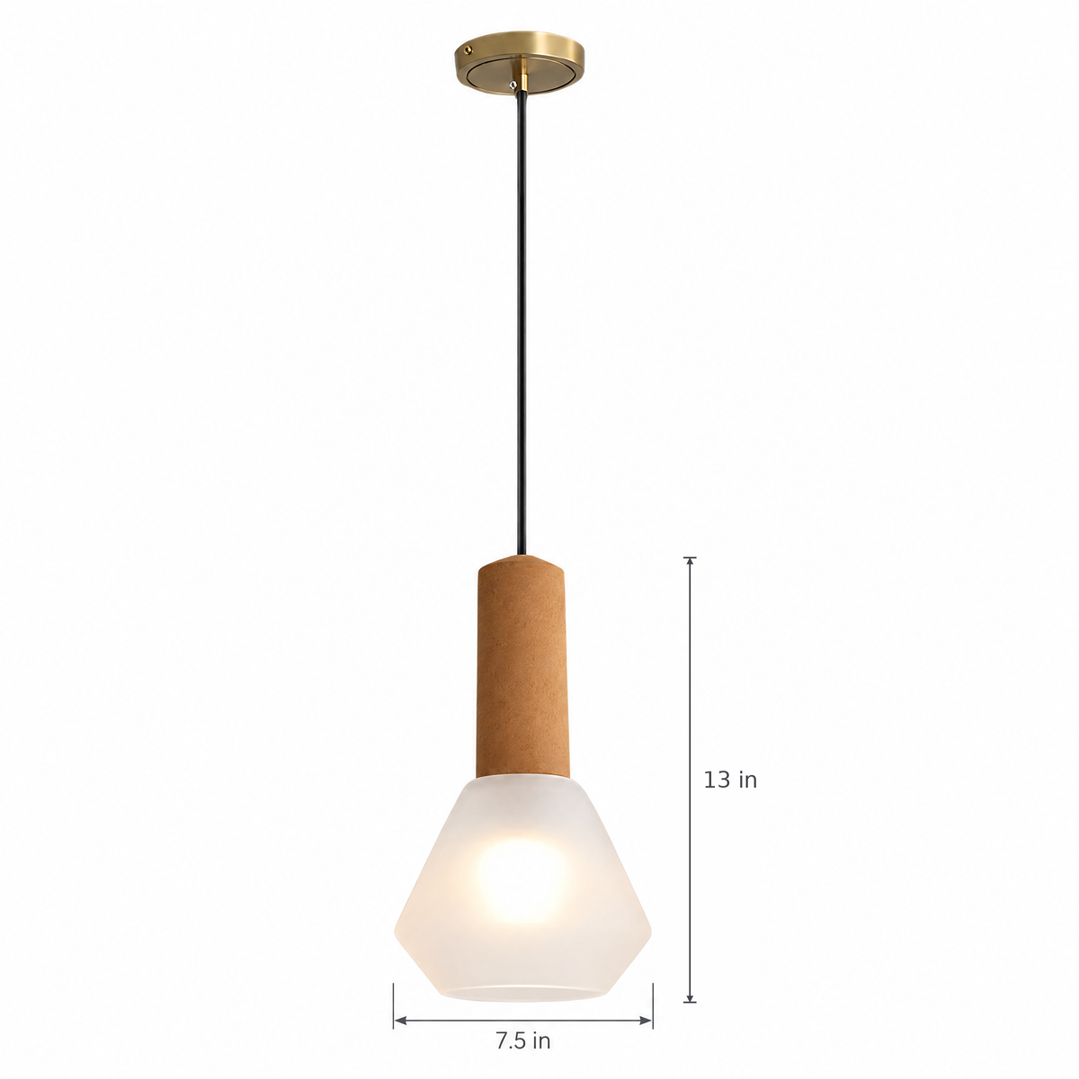 Copper Glass Jar Pendant Light with Wood - White on white with dimensions