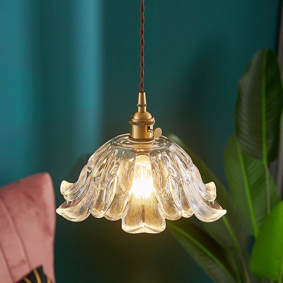 Japanese Floral Glass Pendant Light, Brass