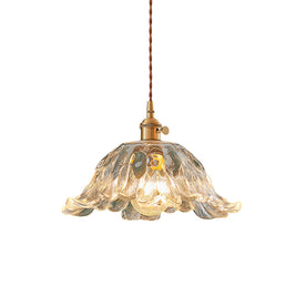 Japanese Floral Glass Pendant Light, Brass