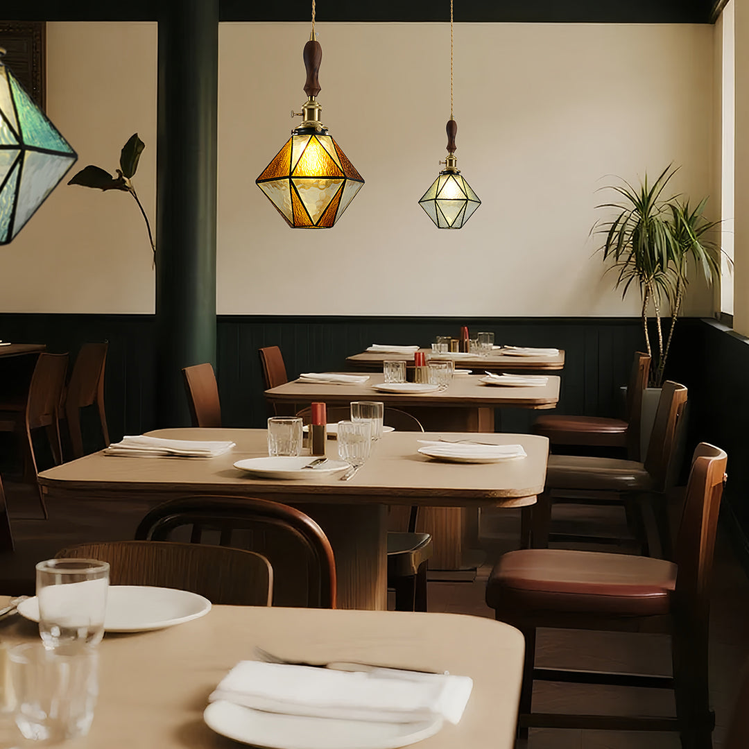 Diamond Pendant Light, Vintage Brass & Wood