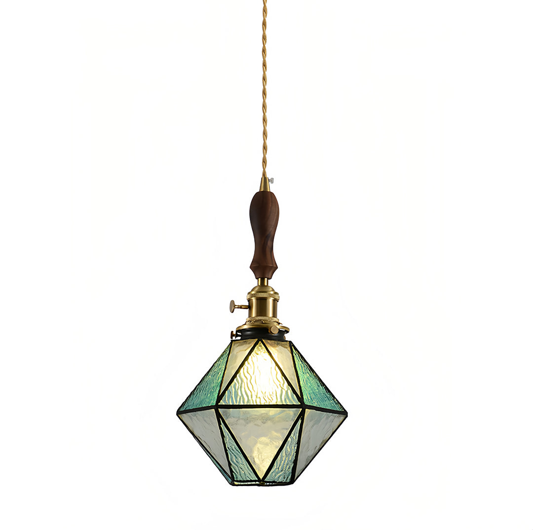 Diamond Pendant Light, Vintage Brass & Wood