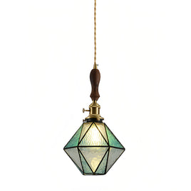 Diamond Pendant Light, Vintage Brass & Wood