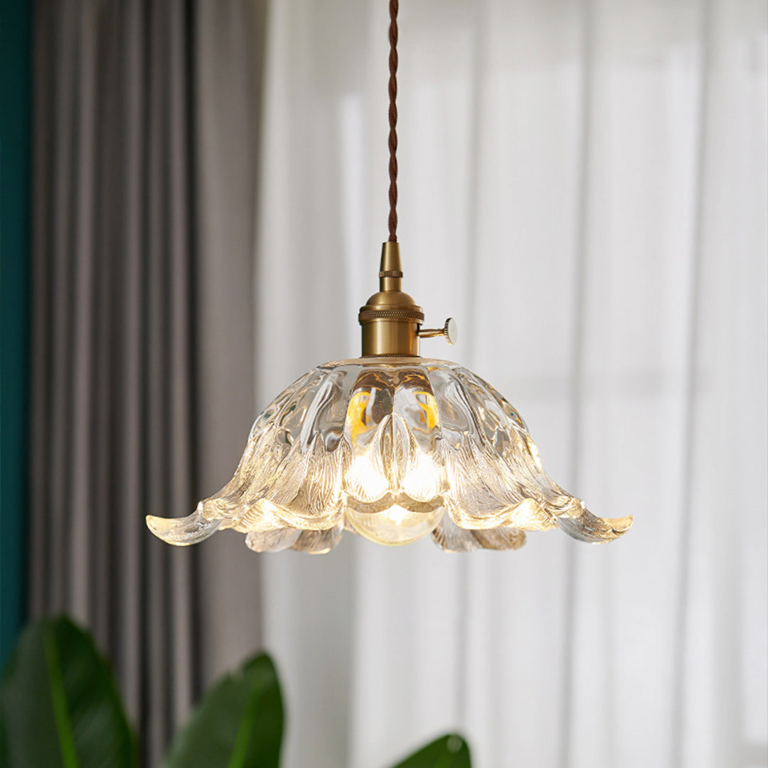Japanese Floral Glass Pendant Light, Brass