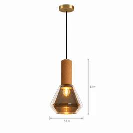 Copper Glass Jar Pendant Light with Wood - Cognac on white with dimensions