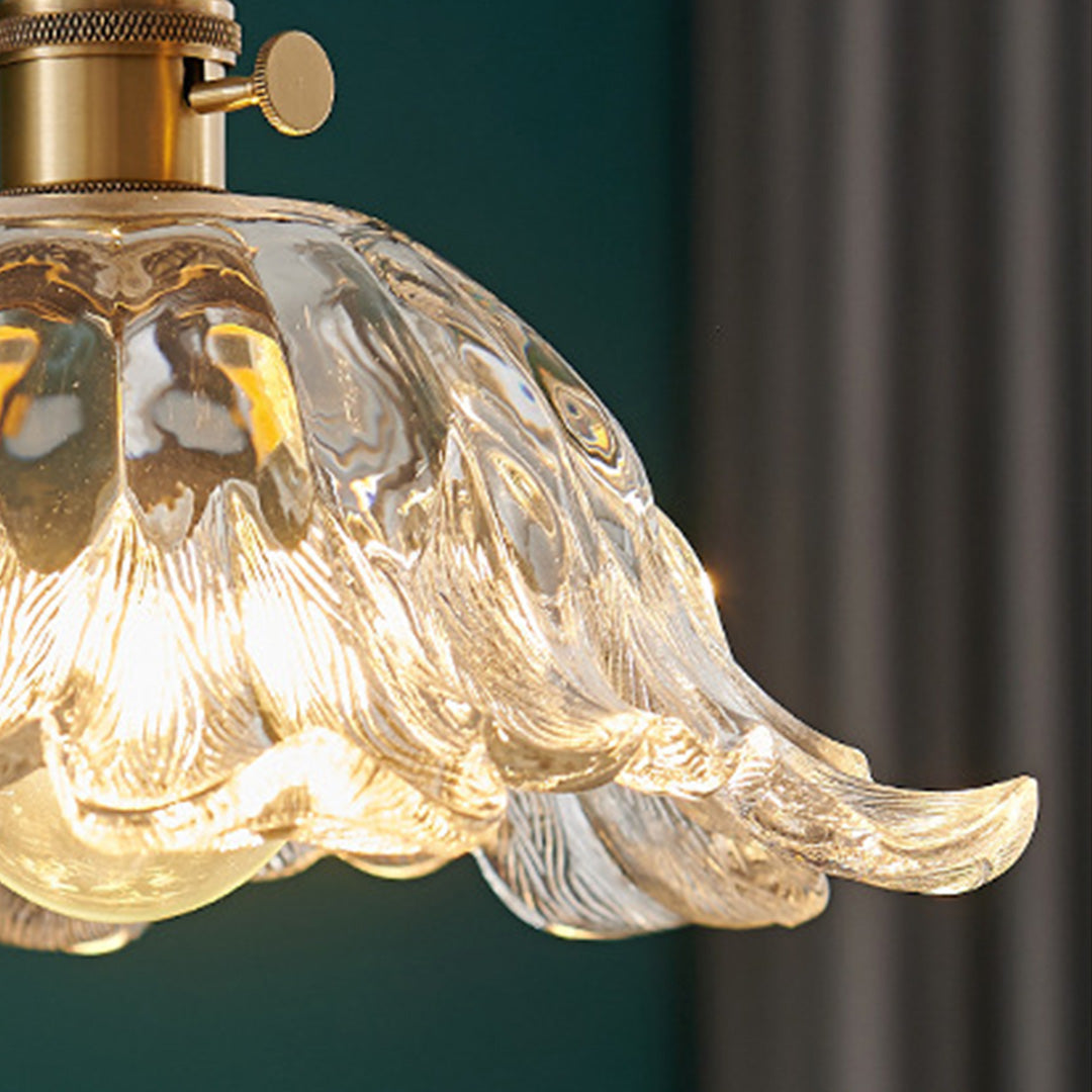 Japanese Floral Glass Pendant Light, Brass