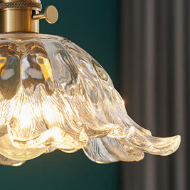 Japanese Floral Glass Pendant Light, Brass