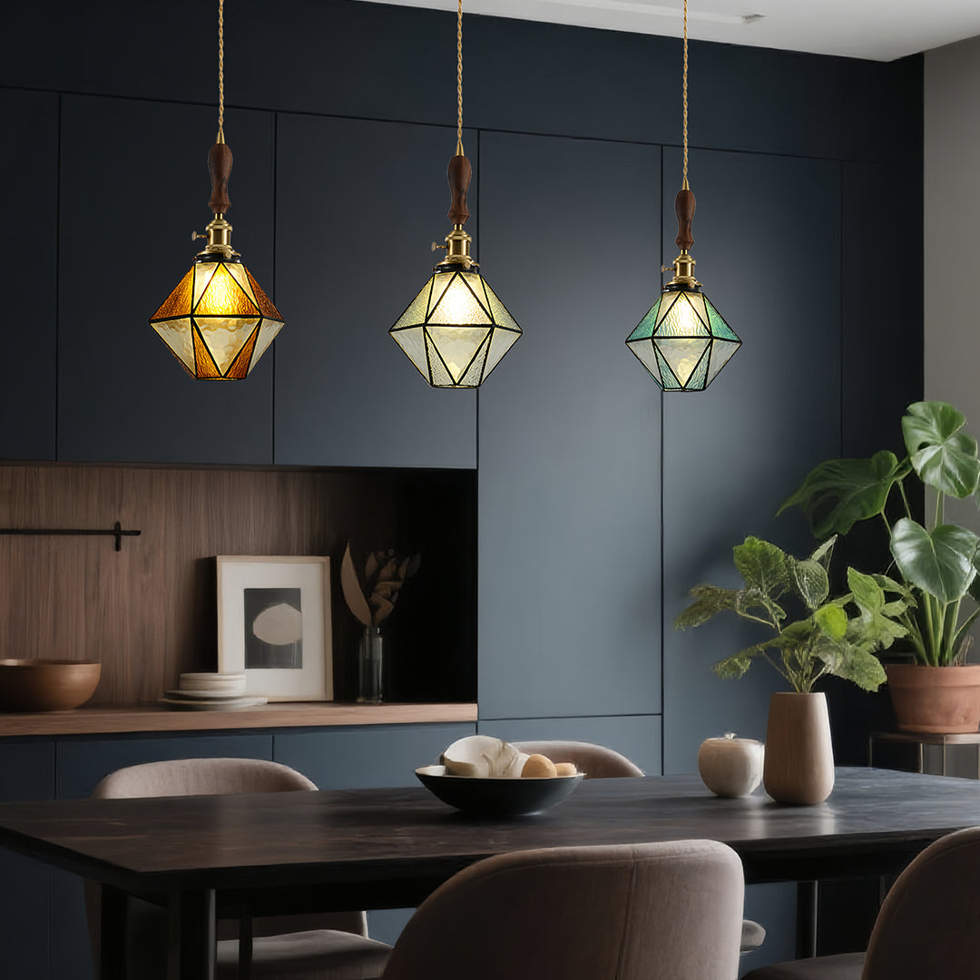 Diamond Pendant Light, Vintage Brass & Wood