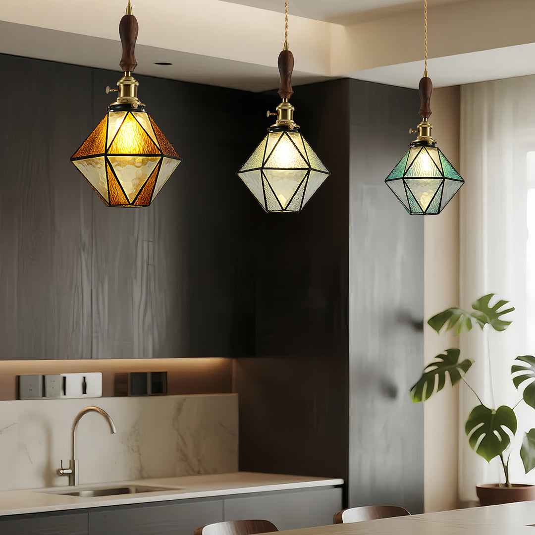 Diamond Pendant Light, Vintage Brass & Wood
