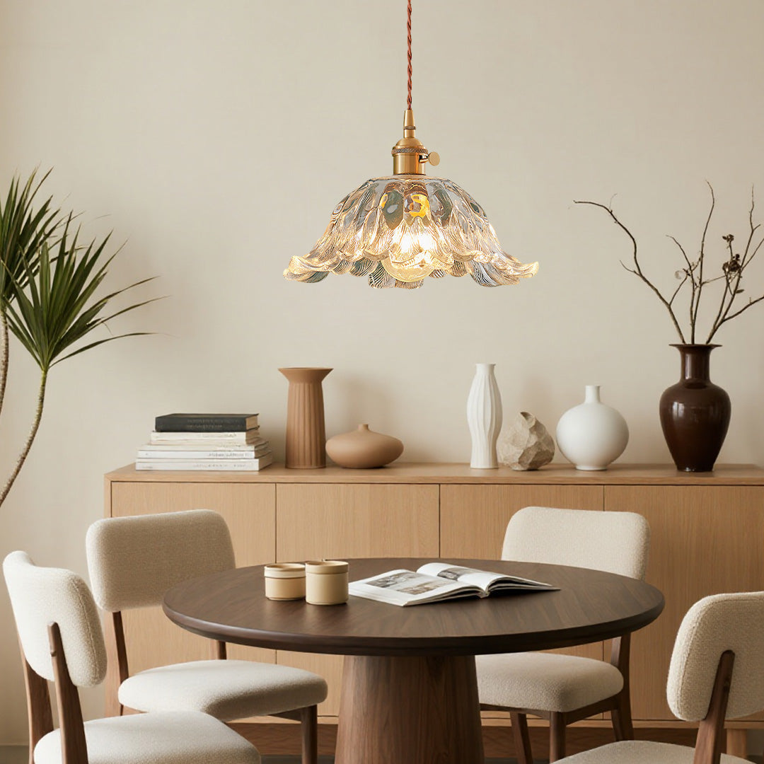 Japanese Floral Glass Pendant Light, Brass