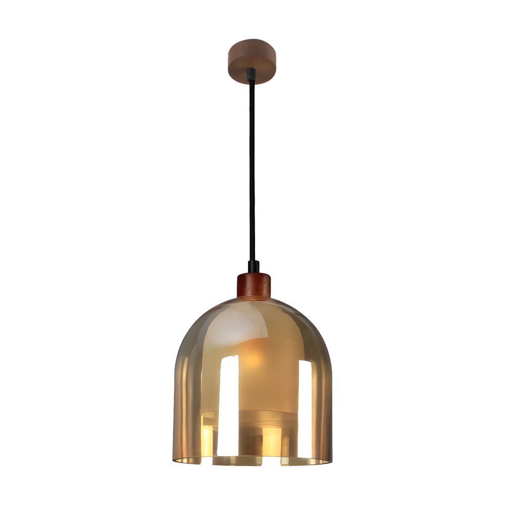 Double Glass Pendant Light, Brown Wood