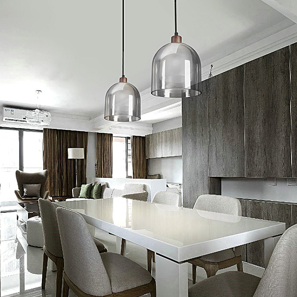 Double Glass Pendant Light, Brown Wood