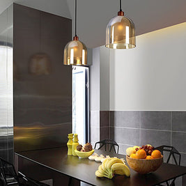Double Glass Pendant Light, Brown Wood