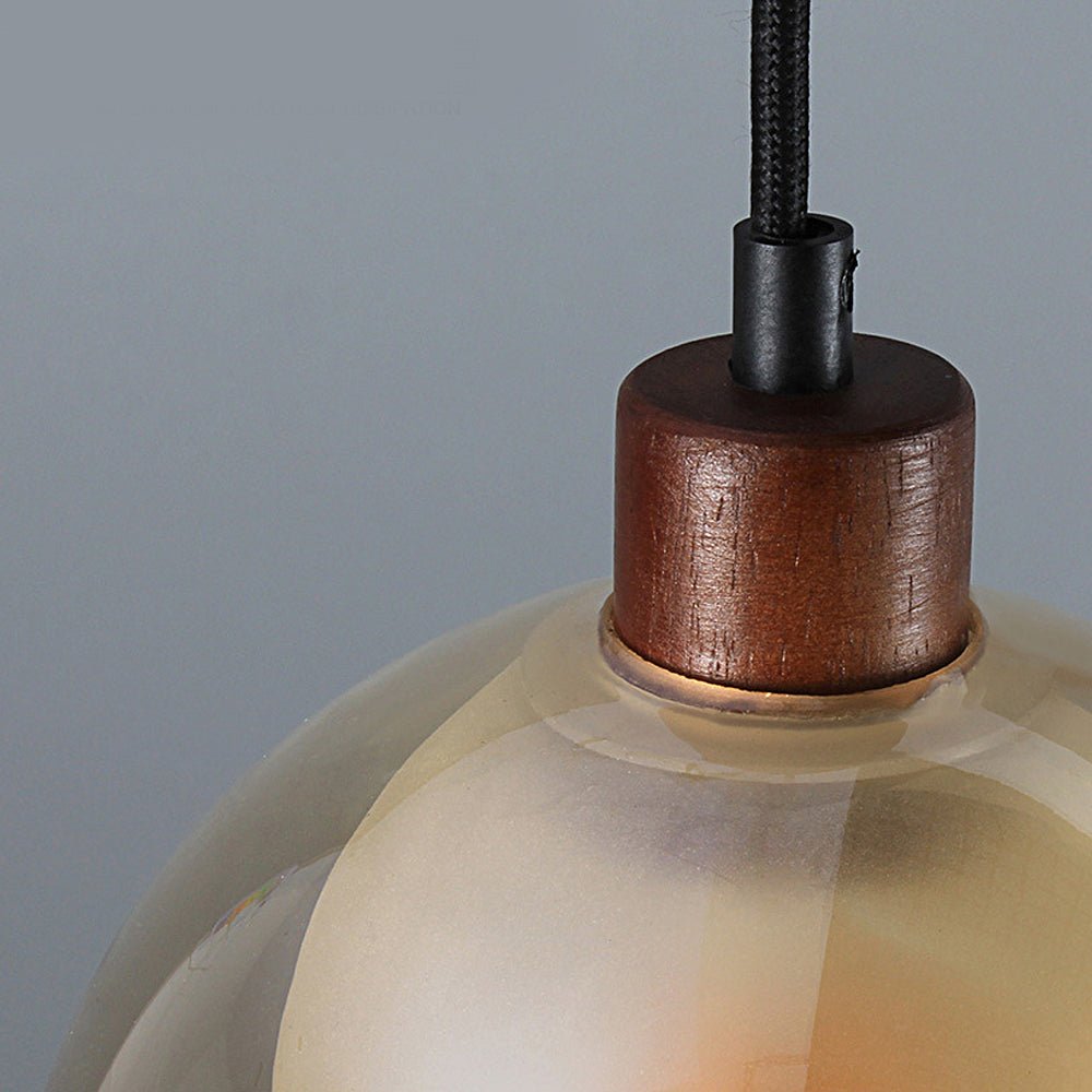 Double Glass Pendant Light, Brown Wood
