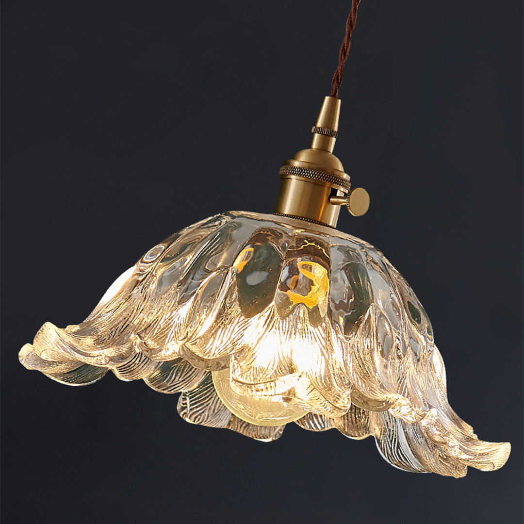Japanese Floral Glass Pendant Light, Brass