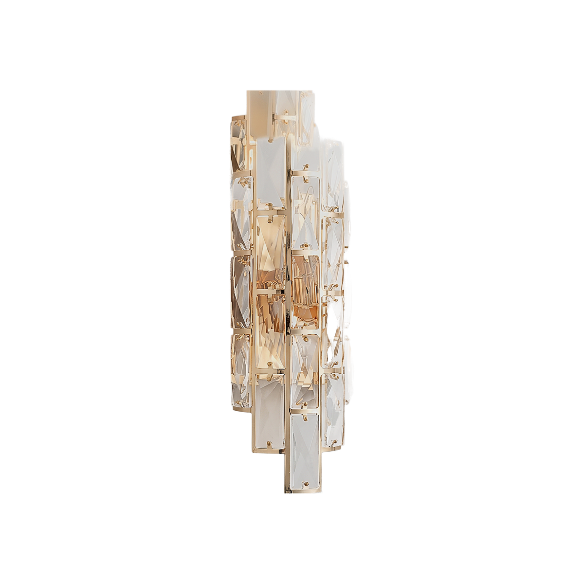 Lumiere Crystal Dimming Wall Sconce on a white background – tiered faceted crystal panels in a polished gold frame