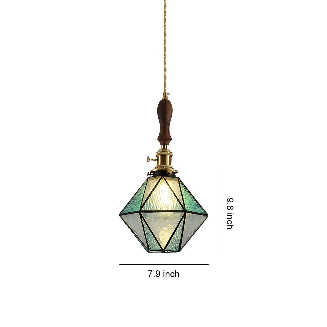 Diamond Pendant Light, Vintage Brass & Wood