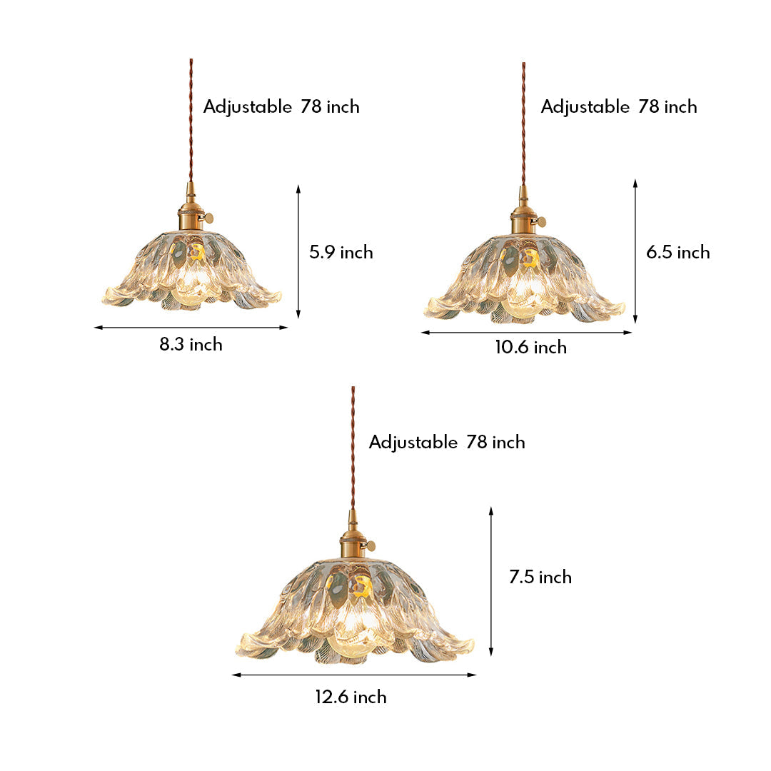 Japanese Floral Glass Pendant Light, Brass