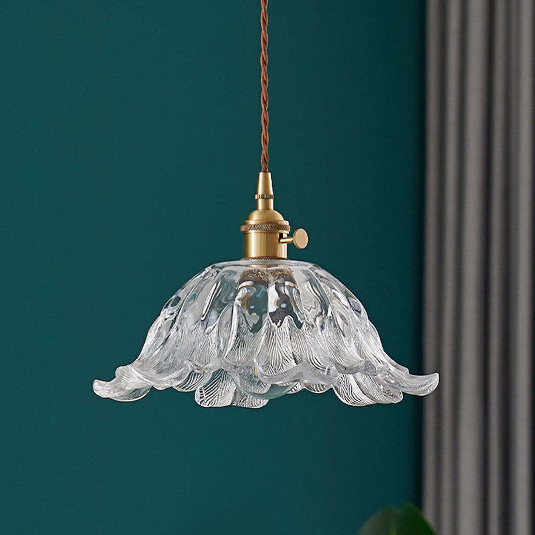 Japanese Floral Glass Pendant Light, Brass