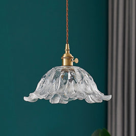 Japanese Floral Glass Pendant Light, Brass
