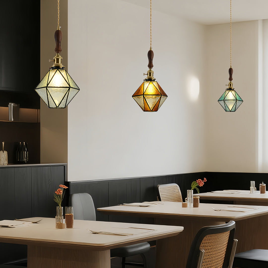 Diamond Pendant Light, Vintage Brass & Wood