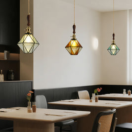 Diamond Pendant Light, Vintage Brass & Wood