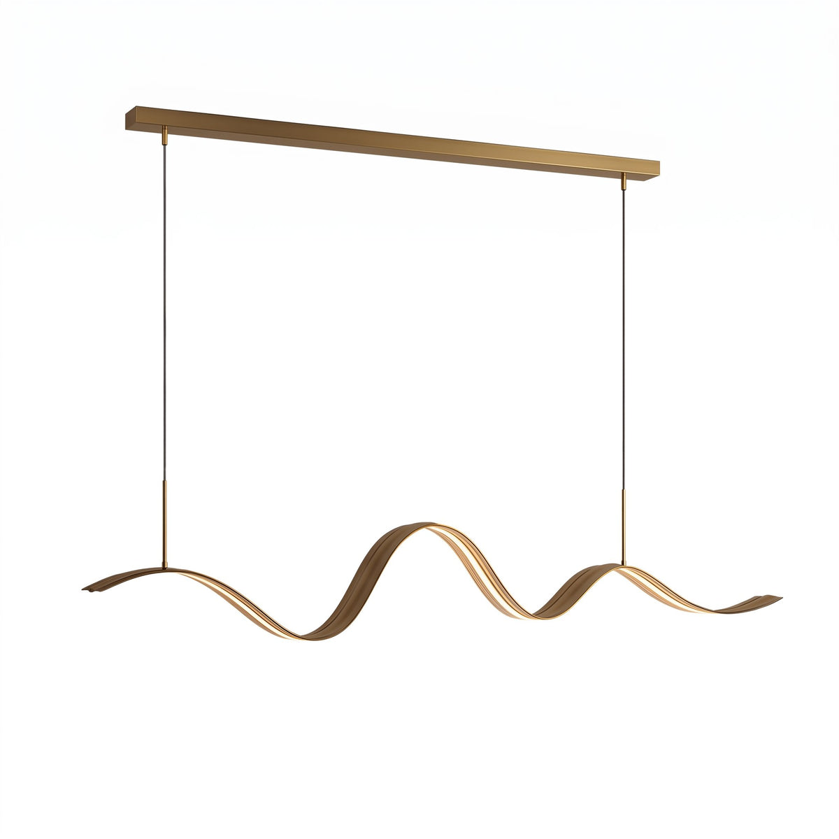 Brass Wave Linear LED Pendant - full length white background with single rectangular ceiling mounting bar and two support rods