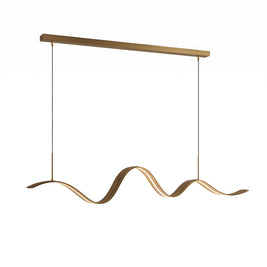 Brass Wave Linear LED Pendant - full length white background with single rectangular ceiling mounting bar and two support rods