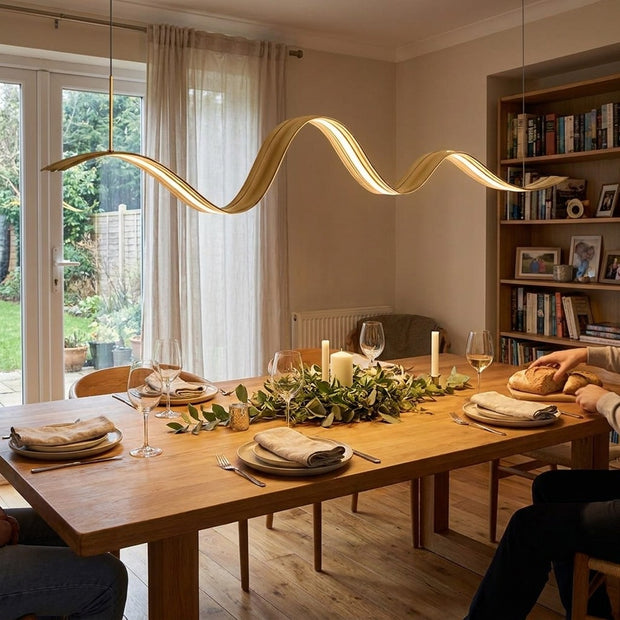 1-Light Linear LED Brass Elegant Flow Wave Pendant Light for