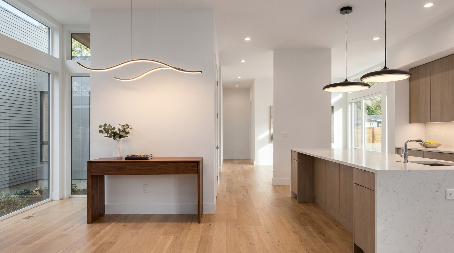 Wavy metal ceiling pendant light and a flat circular LED pendant light in a modern entryway and kitchen