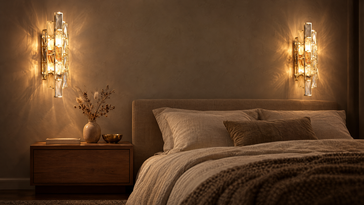 A pair of crystal wall sconces flanking a bed in a quiet bedroom at night