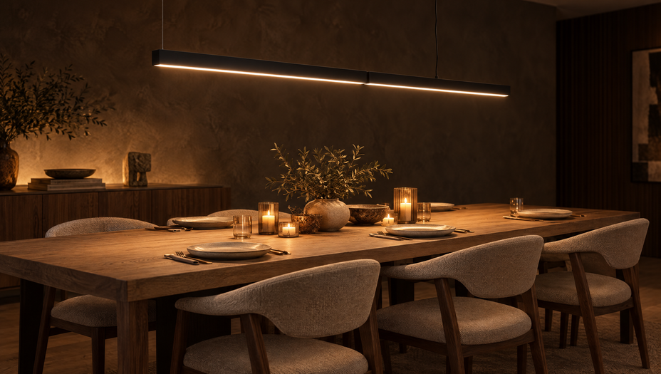 Linear LED suspension lights above a long oak dining table set with candles