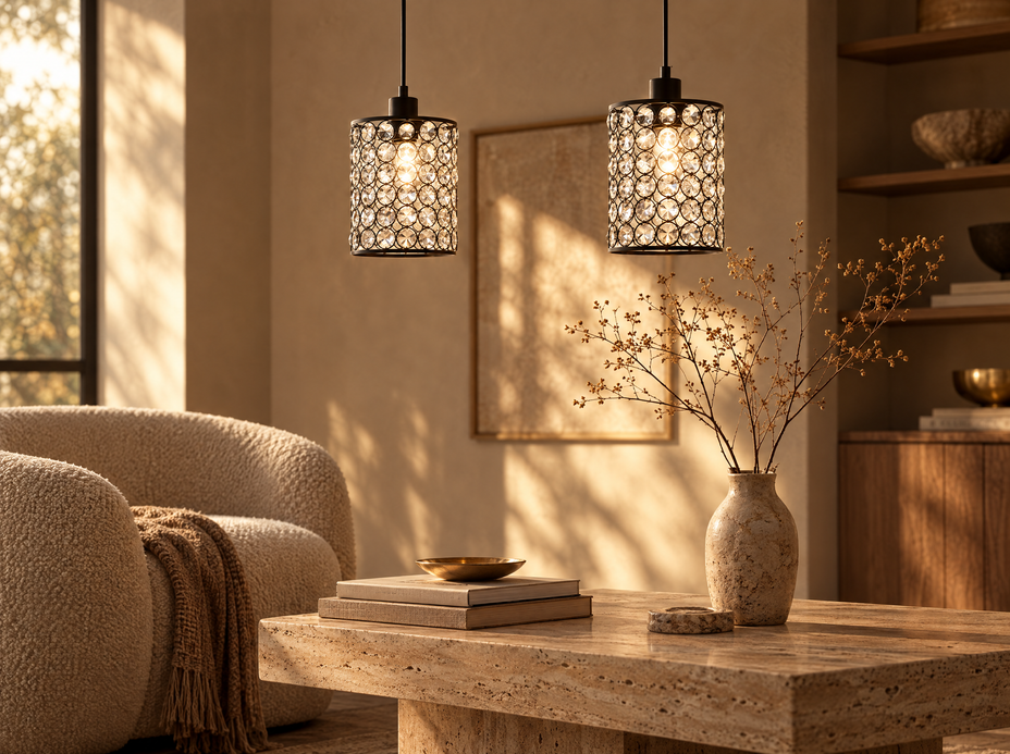 Crystal cylinder pendant lights above a travertine coffee table in afternoon light