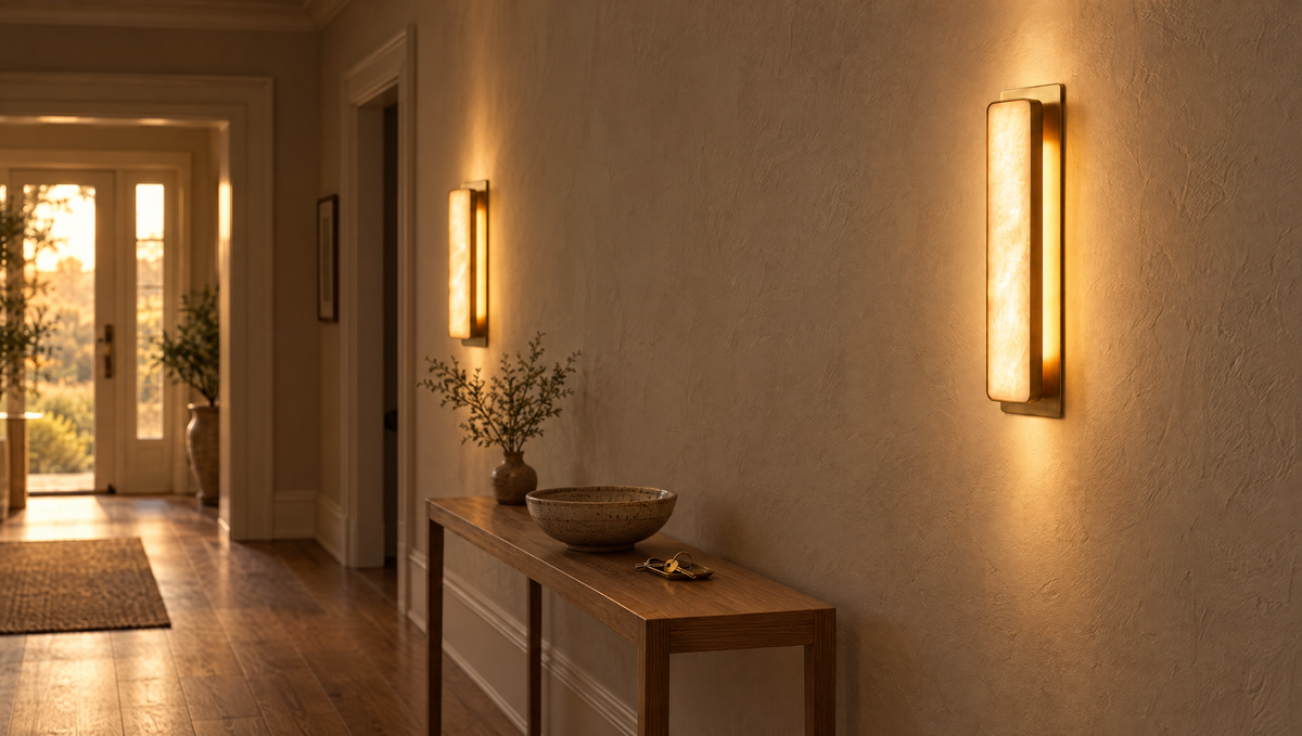 Brass and marble linear wall lights glowing along an entryway hallway